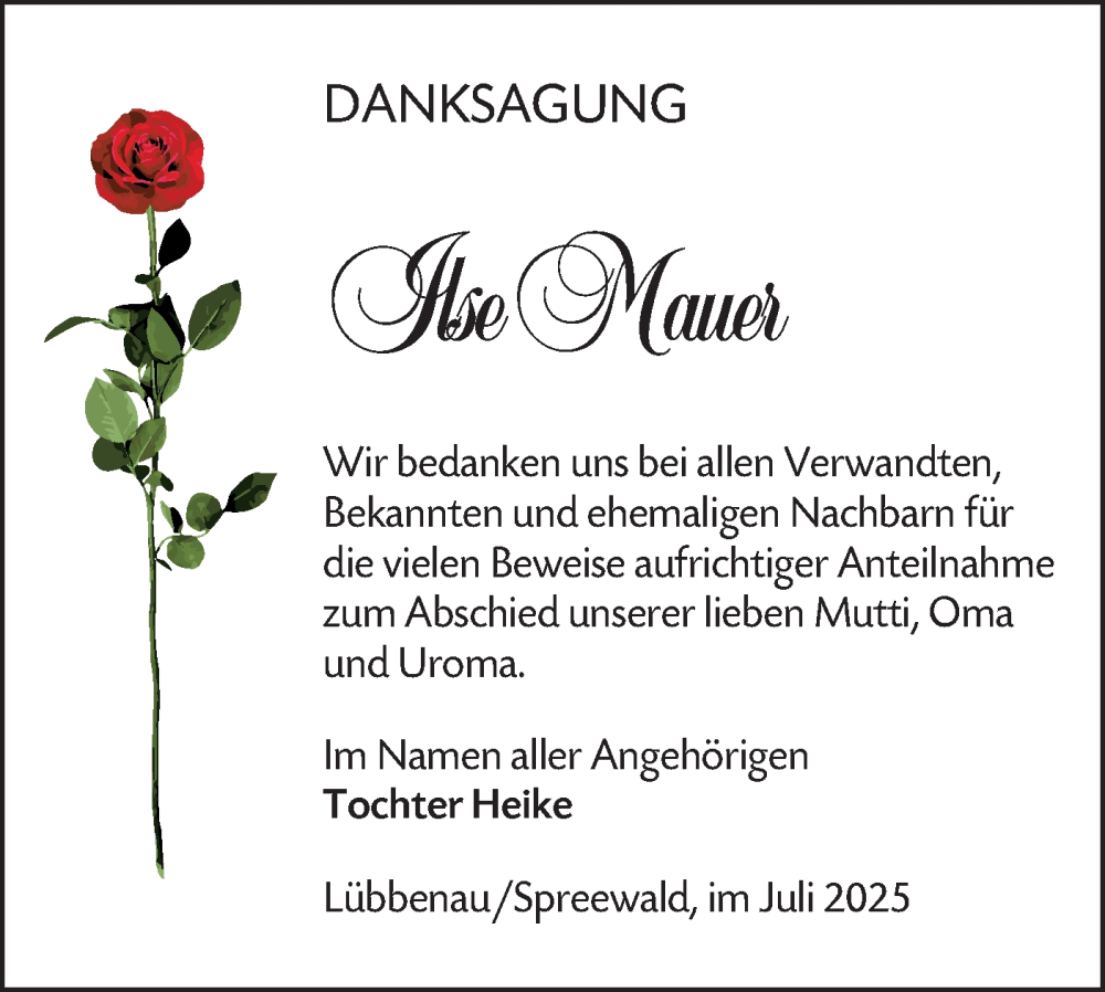  Traueranzeige für Ilse Mauer vom 12.07.2025 aus Lausitzer Rundschau