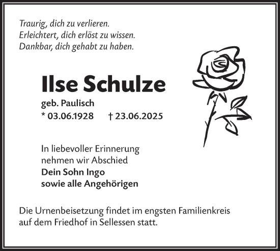 Traueranzeige von Ilse Schulze von Lausitzer Rundschau