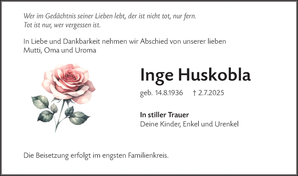  Traueranzeige für Inge Huskobla vom 12.07.2025 aus Lausitzer Rundschau