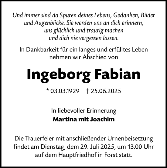 Traueranzeige von Ingeborg Fabian von Lausitzer Rundschau