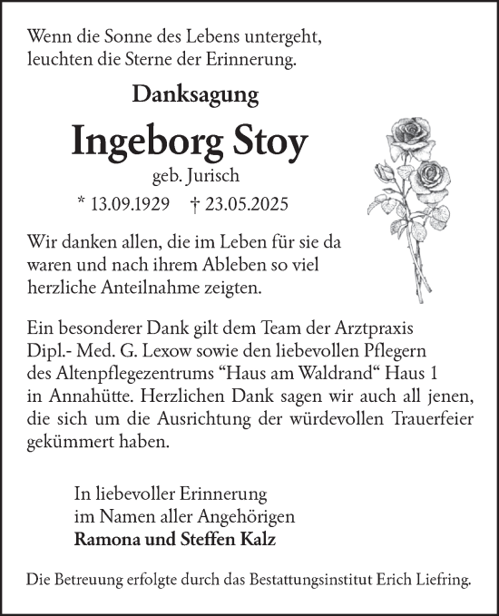 Traueranzeige von Ingeborg Stoy von Lausitzer Rundschau