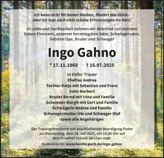 Traueranzeige von Ingo Gahno von Lausitzer Rundschau