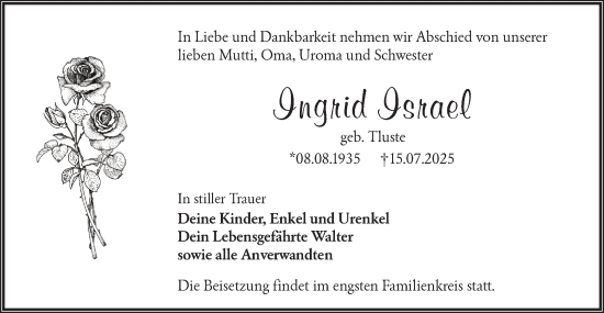 Traueranzeige von Ingrid Israel von Lausitzer Rundschau