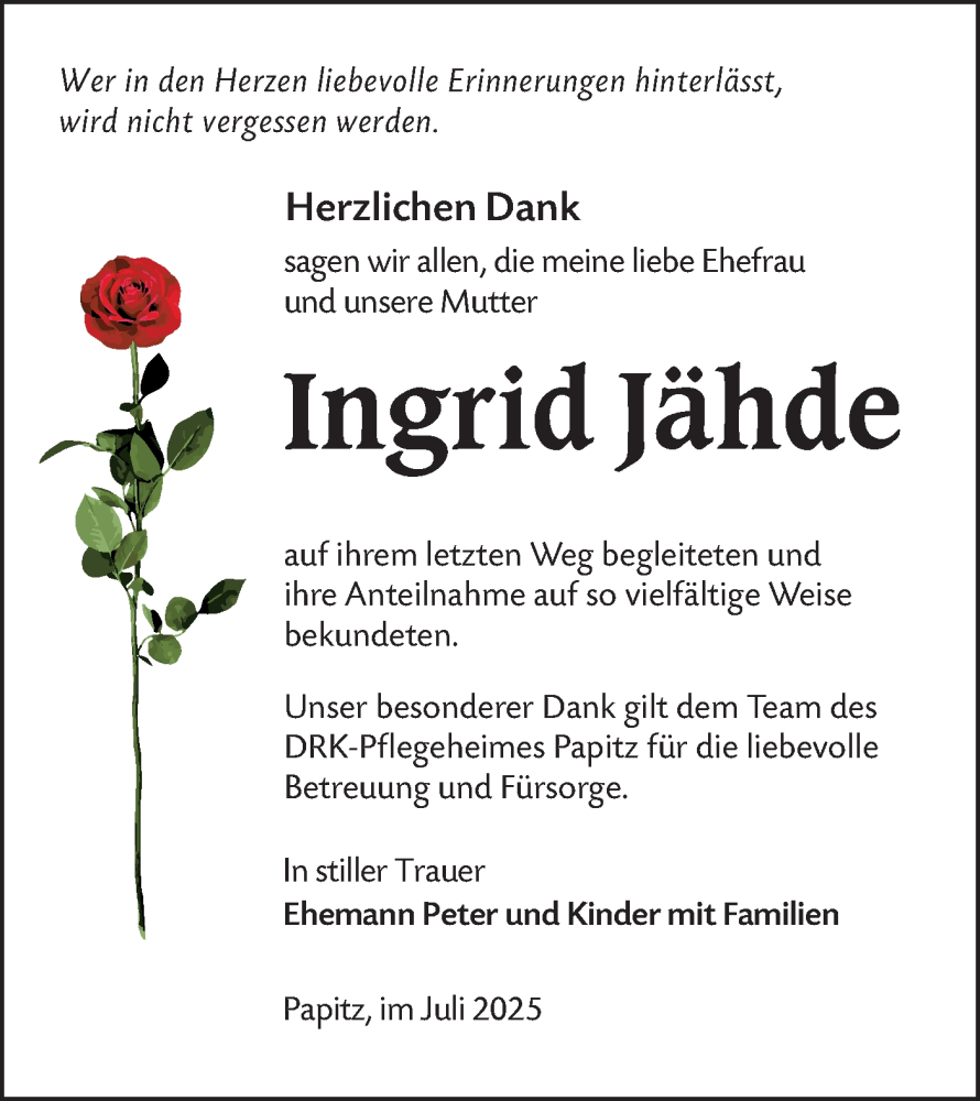  Traueranzeige für Ingrid Jähde vom 12.07.2025 aus Lausitzer Rundschau