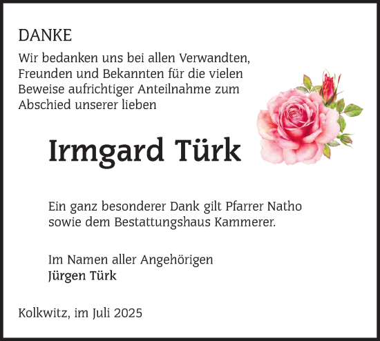 Traueranzeige von Irmgard Türk von Lausitzer Rundschau