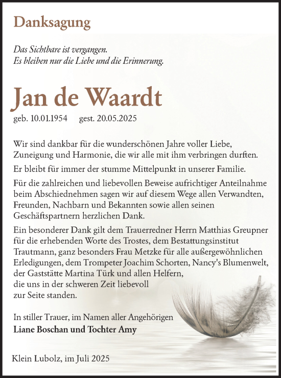 Traueranzeige von Jan de Waardt von Lausitzer Rundschau