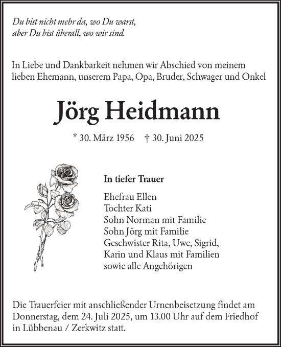 Traueranzeige von Jörg Heidmann von Lausitzer Rundschau