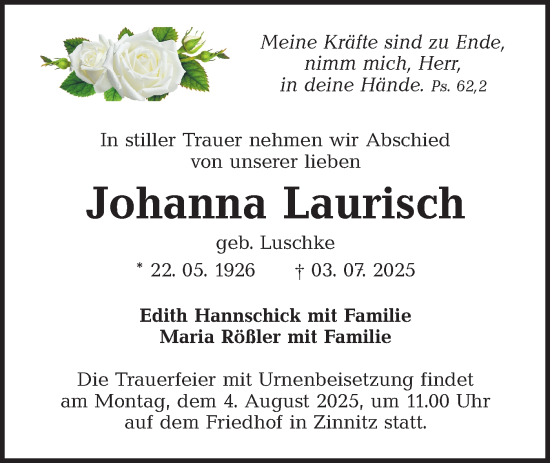 Traueranzeige von Johanna Laurisch von Lausitzer Rundschau