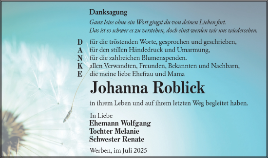 Traueranzeige von Johanna Roblick von Lausitzer Rundschau