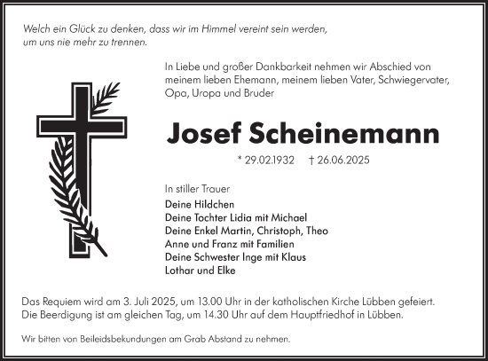 Traueranzeige von Josef Scheinemann von Lausitzer Rundschau