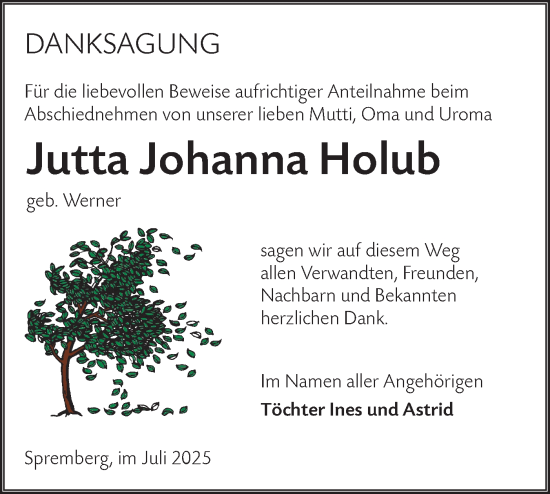 Traueranzeige von Jutta Johanna Holub von Lausitzer Rundschau
