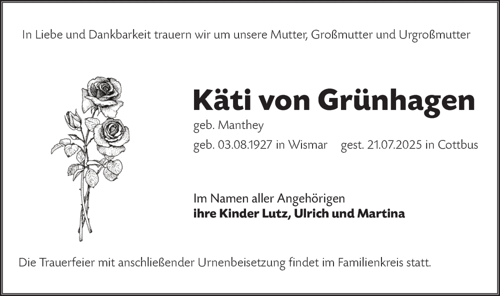  Traueranzeige für Käti von Grünhagen vom 26.07.2025 aus Lausitzer Rundschau