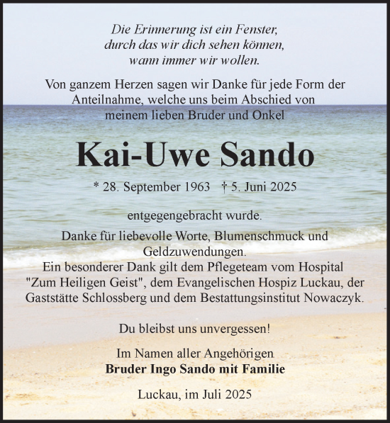 Traueranzeige von Kai-Uwe Sando von Lausitzer Rundschau