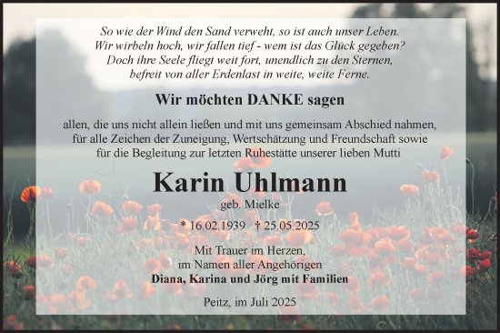 Traueranzeige von Karin Uhlmann von Lausitzer Rundschau