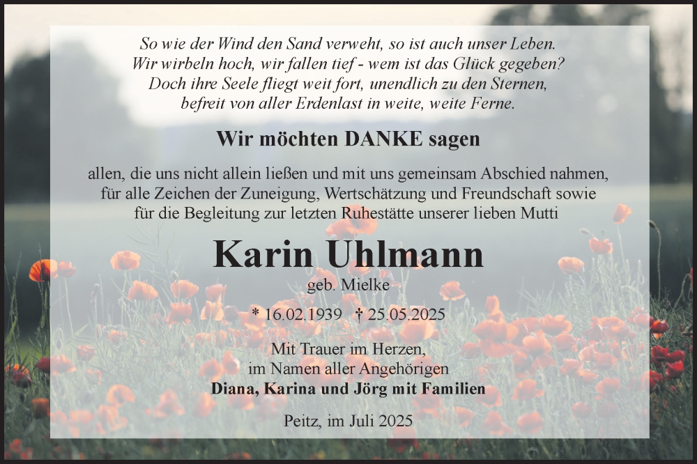  Traueranzeige für Karin Uhlmann vom 05.07.2025 aus Lausitzer Rundschau