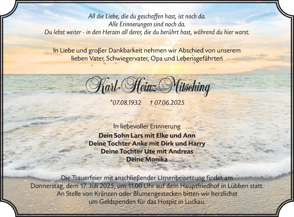  Traueranzeige für Karl-Heinz Mitsching vom 05.07.2025 aus Lausitzer Rundschau