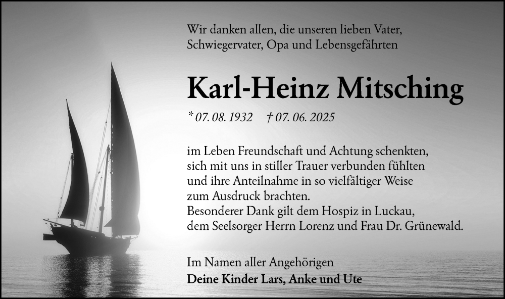  Traueranzeige für Karl-Heinz Mitsching vom 26.07.2025 aus Lausitzer Rundschau