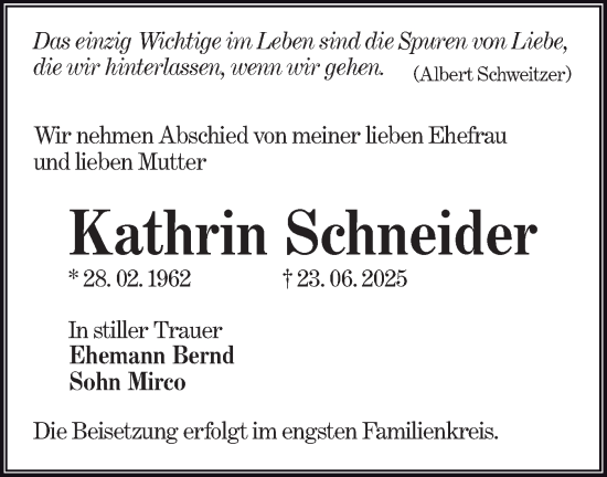 Traueranzeige von Kathrin Schneider von Lausitzer Rundschau