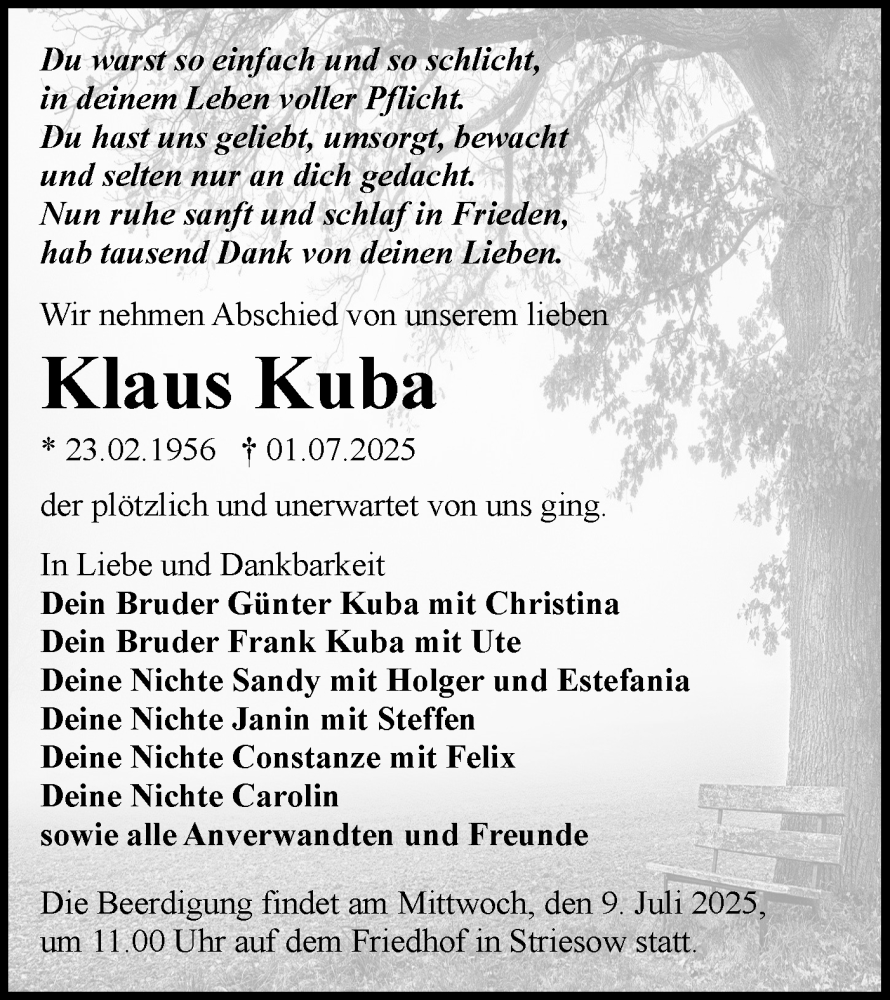  Traueranzeige für Klaus Kuba vom 05.07.2025 aus Lausitzer Rundschau