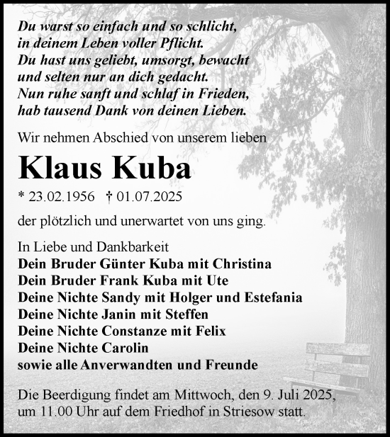 Traueranzeige von Klaus Kuba von Lausitzer Rundschau