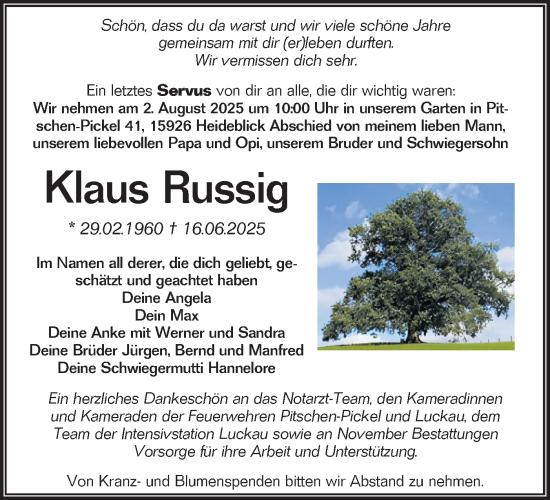 Traueranzeige von Klaus Russig von Lausitzer Rundschau