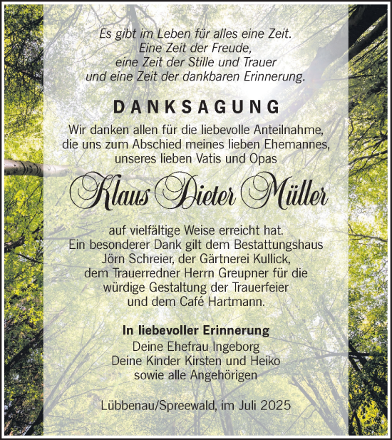 Traueranzeige von Klaus Dieter Müller von Lausitzer Rundschau