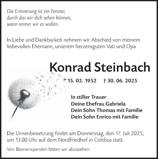 Traueranzeige von Konrad Steinbach von Lausitzer Rundschau