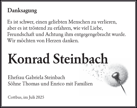 Traueranzeige von Konrad Steinbach von Lausitzer Rundschau
