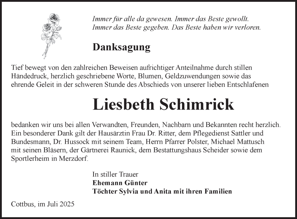  Traueranzeige für Liesbeth Schimrick vom 12.07.2025 aus Lausitzer Rundschau