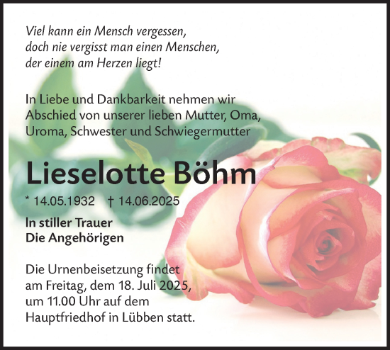 Traueranzeige von Lieselotte Böhm von Lausitzer Rundschau
