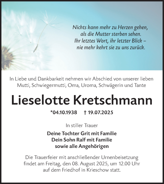 Traueranzeige von Lieselotte Kretschmann von Lausitzer Rundschau