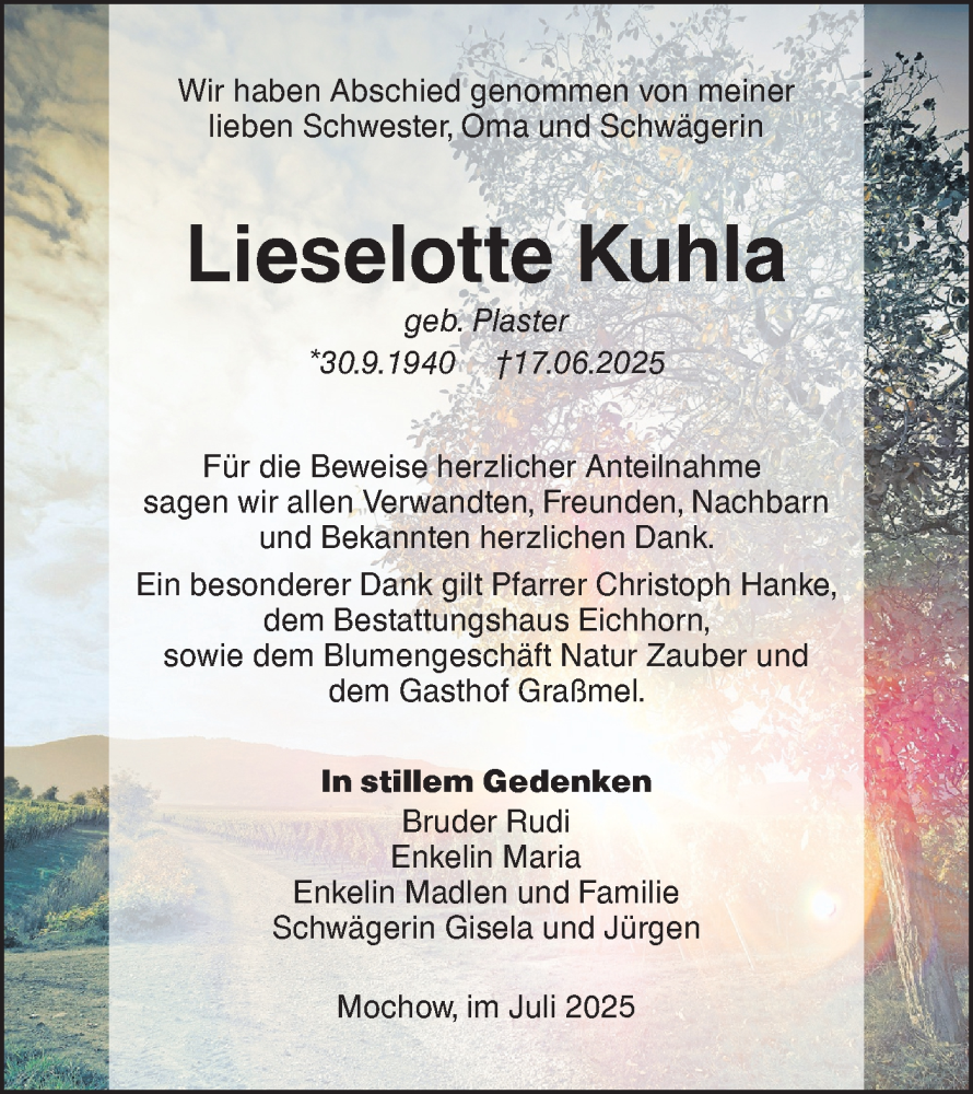  Traueranzeige für Lieselotte Kuhla vom 12.07.2025 aus Lausitzer Rundschau
