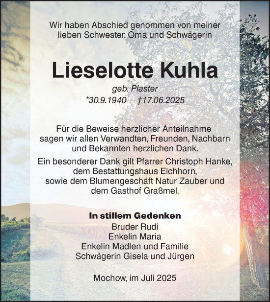 Traueranzeige von Lieselotte Kuhla von Lausitzer Rundschau