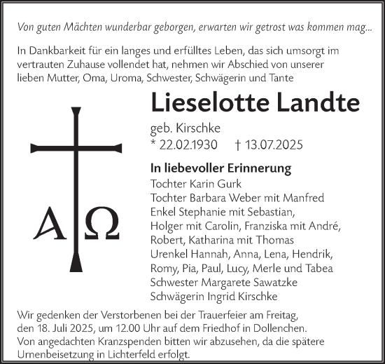 Traueranzeige von Lieselotte Landte von Lausitzer Rundschau