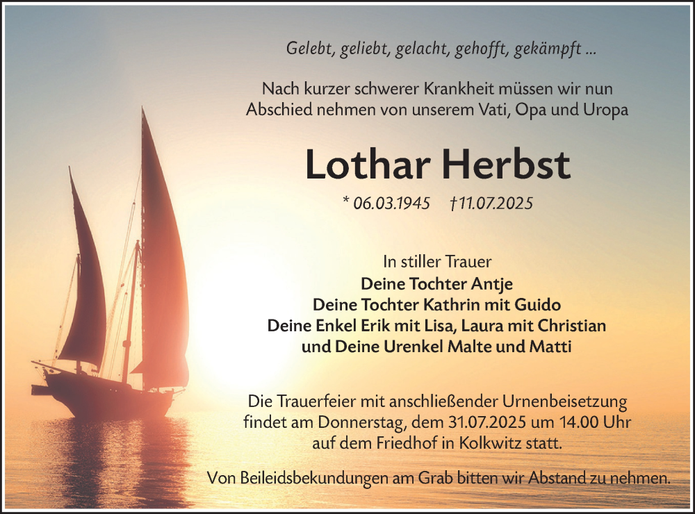  Traueranzeige für Lothar Herbst vom 19.07.2025 aus Lausitzer Rundschau