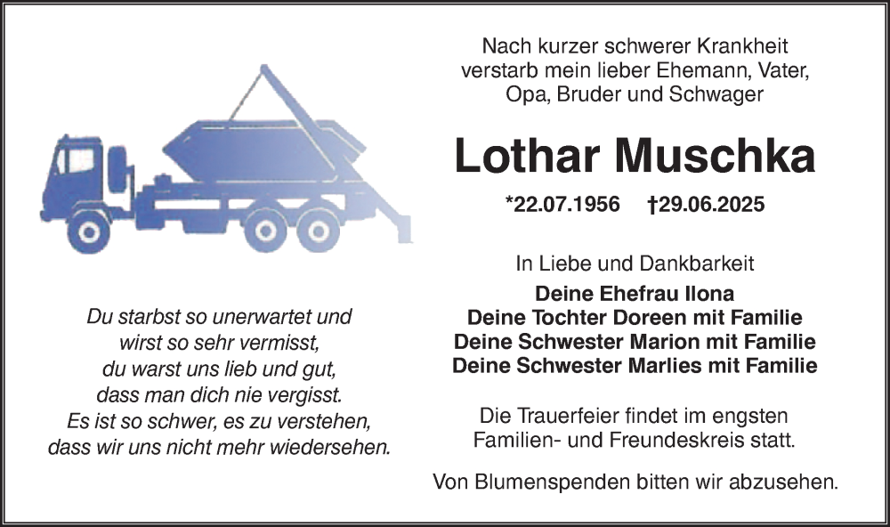  Traueranzeige für Lothar Muschka vom 12.07.2025 aus Lausitzer Rundschau