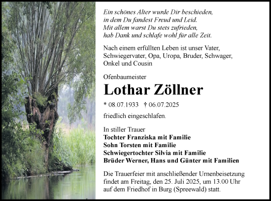 Traueranzeige von Lothar Zöllner von Lausitzer Rundschau