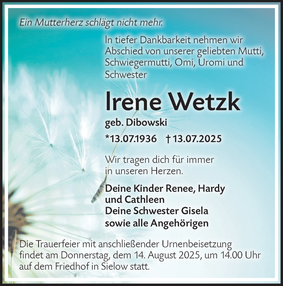  Traueranzeige für lrene Wetzk vom 21.07.2025 aus Lausitzer Rundschau