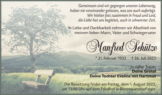 Traueranzeige von Manfred Schütze von Lausitzer Rundschau