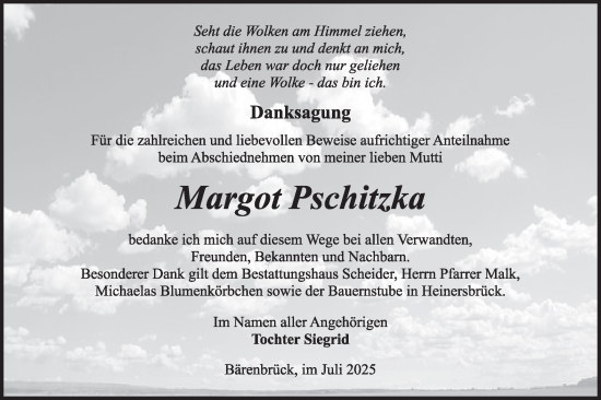 Traueranzeige von Margot Pschitzka von Lausitzer Rundschau