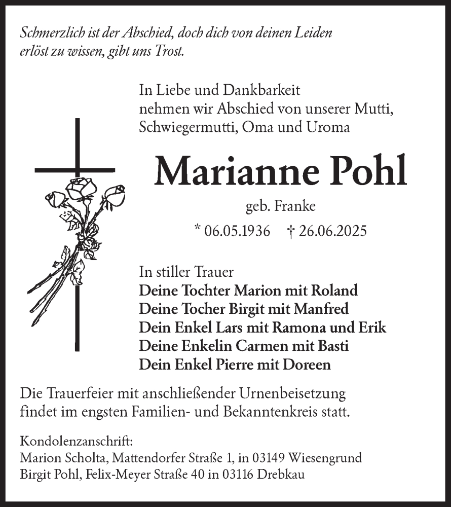  Traueranzeige für Marianne Pohl vom 12.07.2025 aus Lausitzer Rundschau