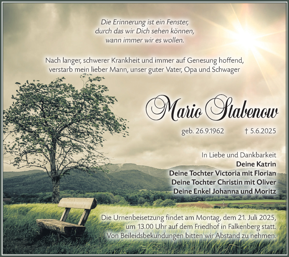  Traueranzeige für Mario Stabenow vom 19.07.2025 aus Lausitzer Rundschau