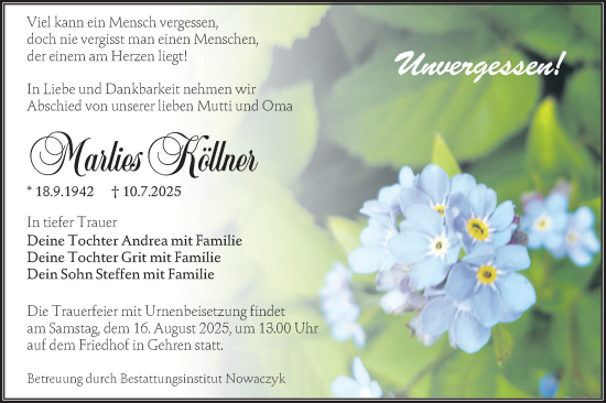 Traueranzeige von Marlies Köllner von Lausitzer Rundschau