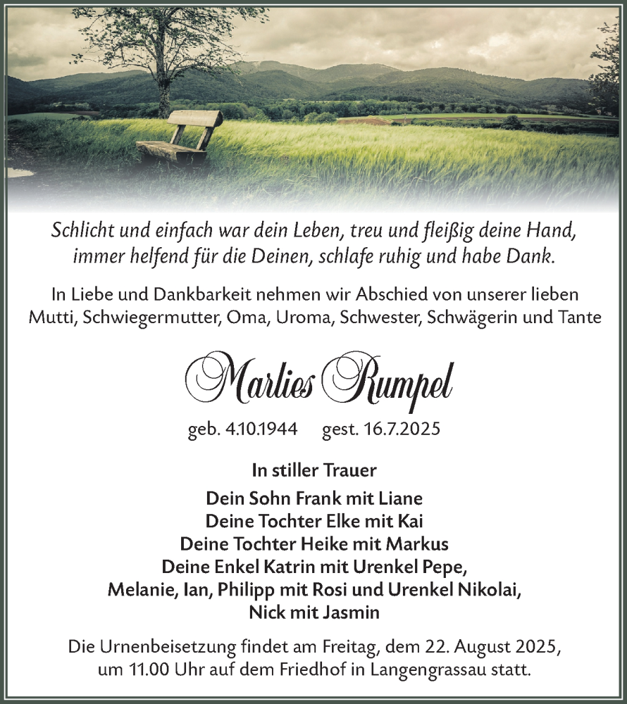  Traueranzeige für Marlies Rumpel vom 26.07.2025 aus Lausitzer Rundschau