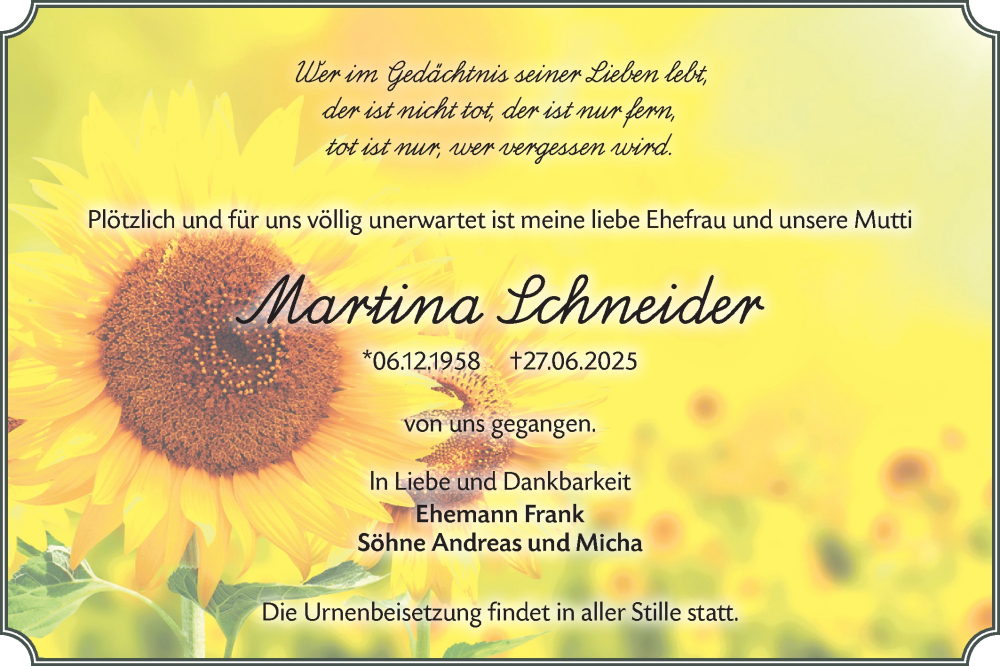  Traueranzeige für Martina Schneider vom 26.07.2025 aus Lausitzer Rundschau