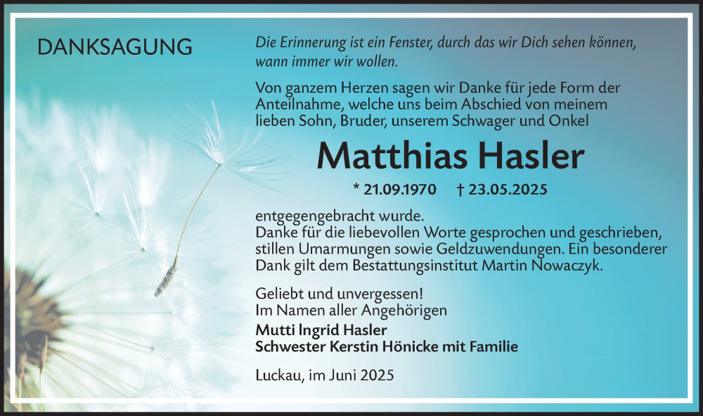  Traueranzeige für Matthias Hasler vom 18.07.2025 aus Lausitzer Rundschau