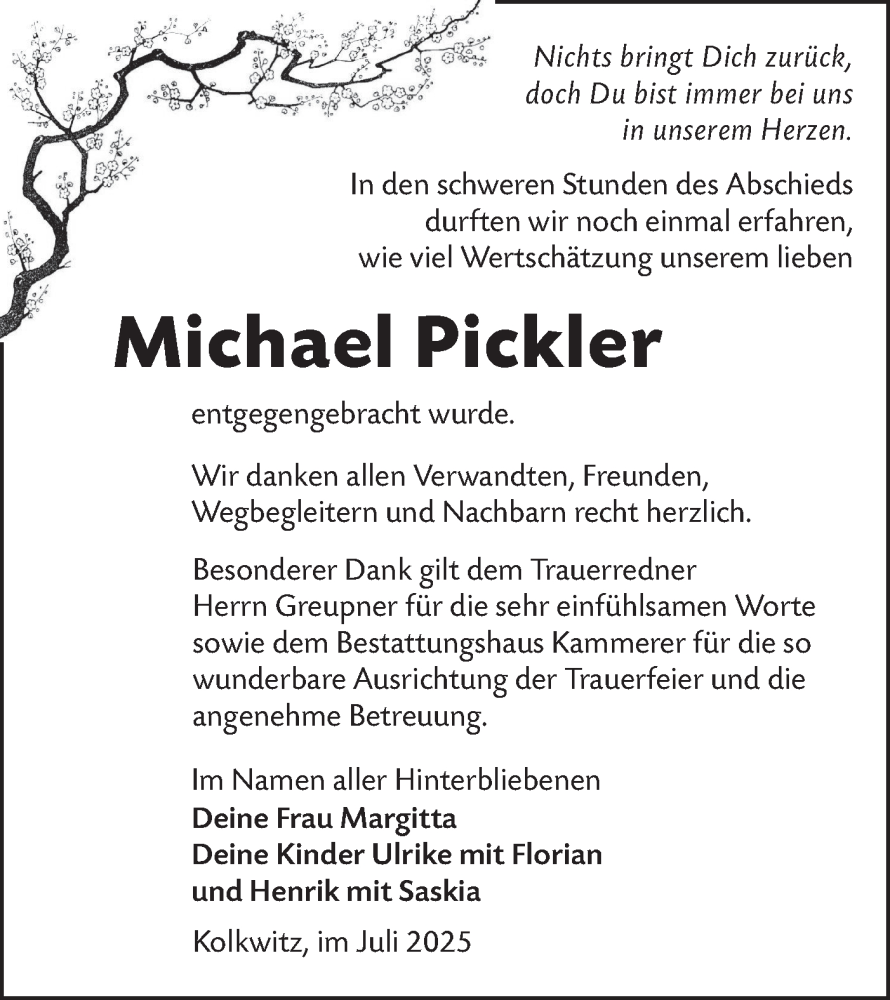  Traueranzeige für Michael Pickler vom 26.07.2025 aus Lausitzer Rundschau