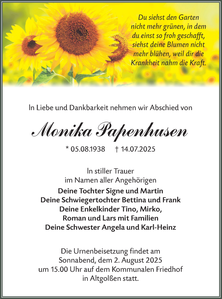  Traueranzeige für Monika Papenhusen vom 26.07.2025 aus Lausitzer Rundschau