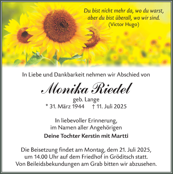Traueranzeige von Monika Riedel von Lausitzer Rundschau