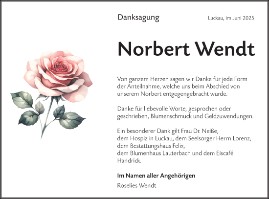 Traueranzeige von Norbert Wendt von Lausitzer Rundschau